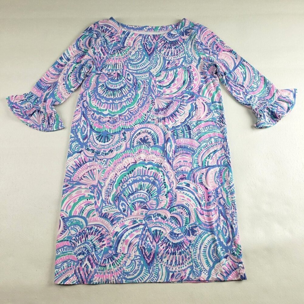 Lilly Pulitzer Sopie Ruffle Dress Girls XL 12/14 Blue Happy As a Clam 3/4 Sleeve